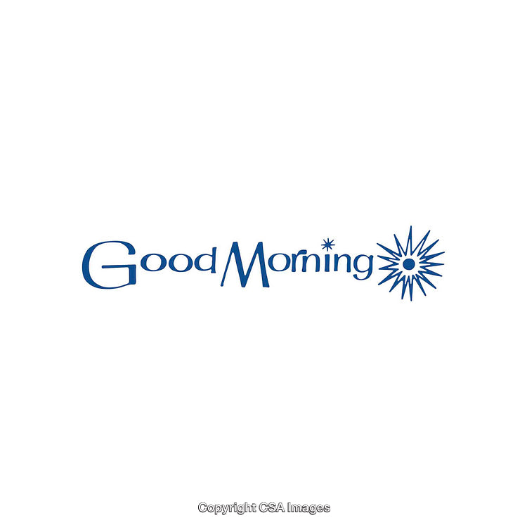Stylized Blue Phrase Good Morning with Custom Typeface and Starburst Design