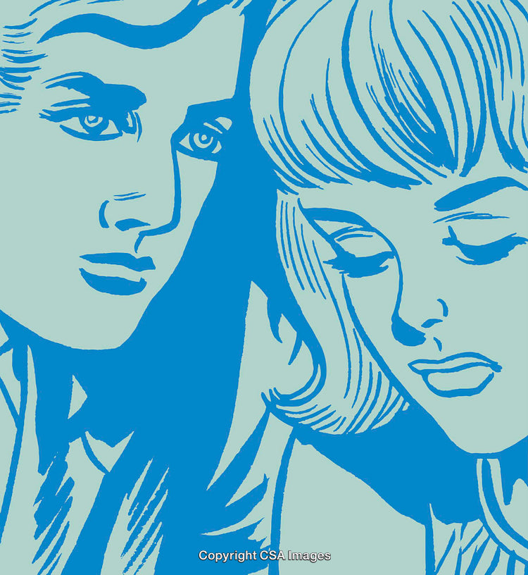 Stylized Illustration of Contemplative Couple in Retro Art Style