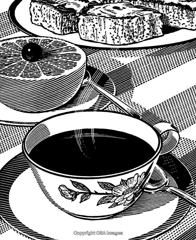 Elegant Black and White Engraving of a Coffee and Breakfast Scene