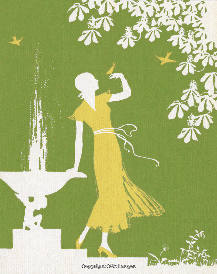 Art Deco Style Illustration of a Woman with a Bird and Nature