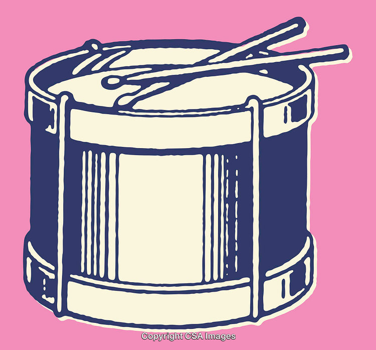Colorful Illustration of a Drum with Drumsticks on Pink Background