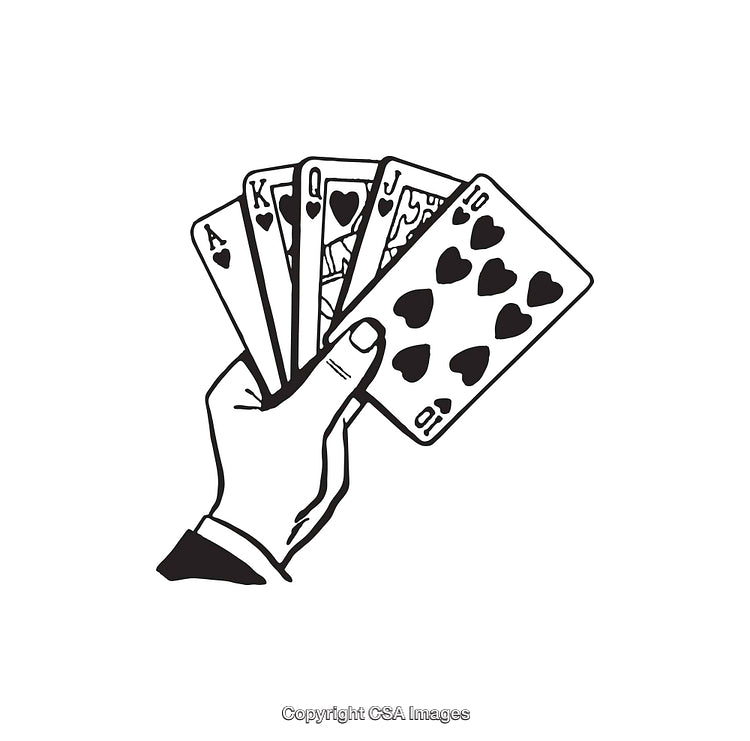 Hand Holding Royal Flush in Hearts Line Art Illustration
