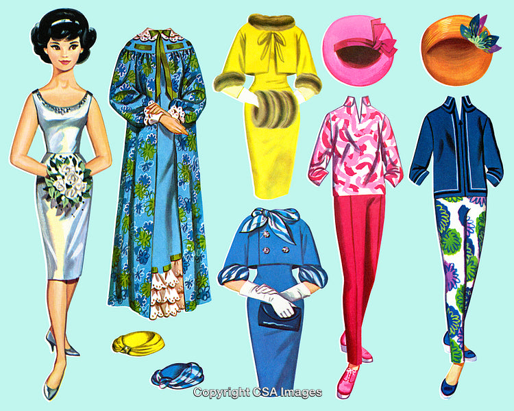 Vintage Paper Dolls with Interchangeable Clothing on Blue Background