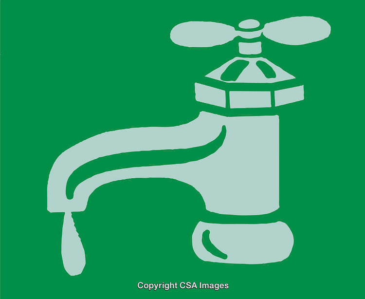 Minimalist Green and White Illustration of a Faucet with Water Droplet