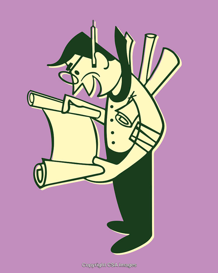 Retro Style Illustration of a Character Holding a Blueprint Scroll