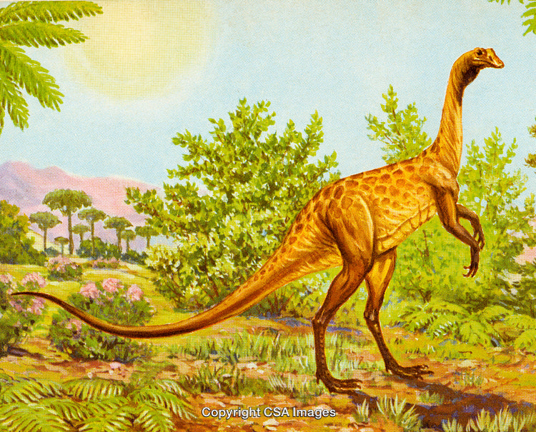 Dinosaur in Lush Prehistoric Landscape With Vegetation and Mountains