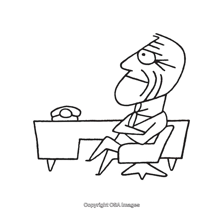 Black and White Line Art of a Person Sitting at an Office Desk