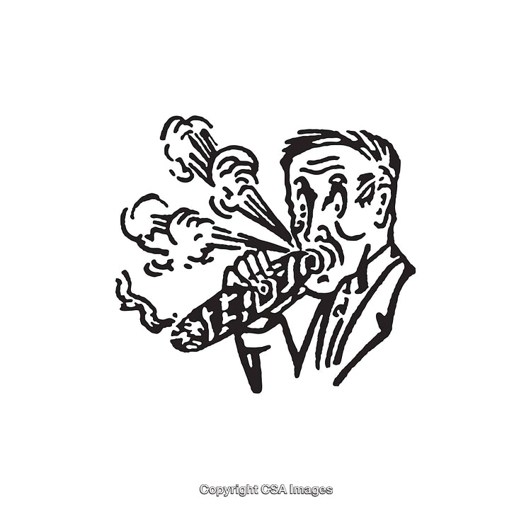 Vintage Cartoon of a Man Blowing Through a Bursting Object