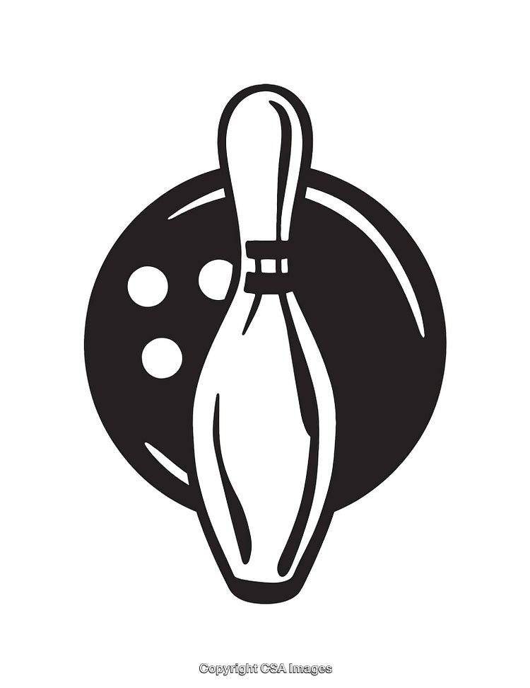 Black and White Bowling Pin and Bowling Ball Line Art Illustration