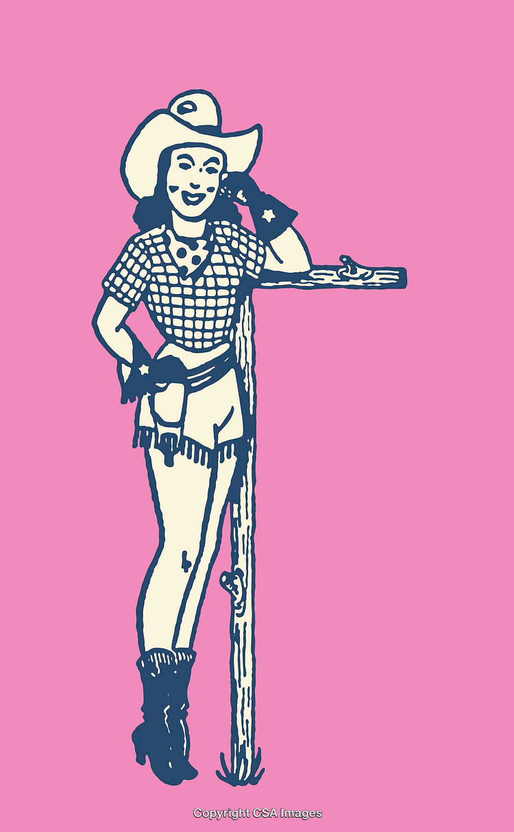 Colorful Vintage Style Cowgirl Line Art with Rustic Charm