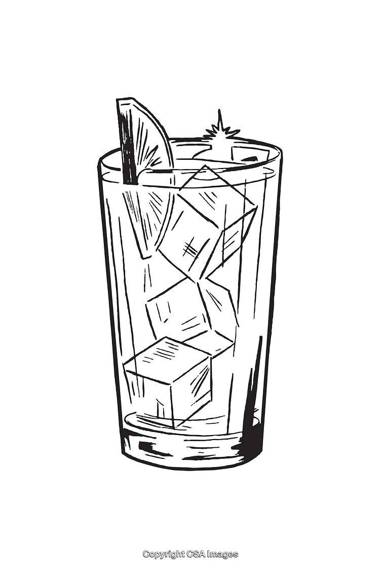 Black and White Line Art of Beverage Glass with Ice and Lemon