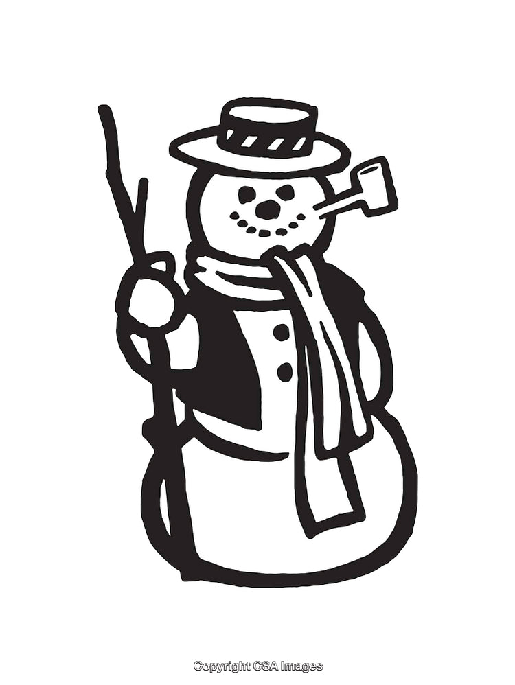 Vintage Black and White Snowman Illustration with Scarf and Hat