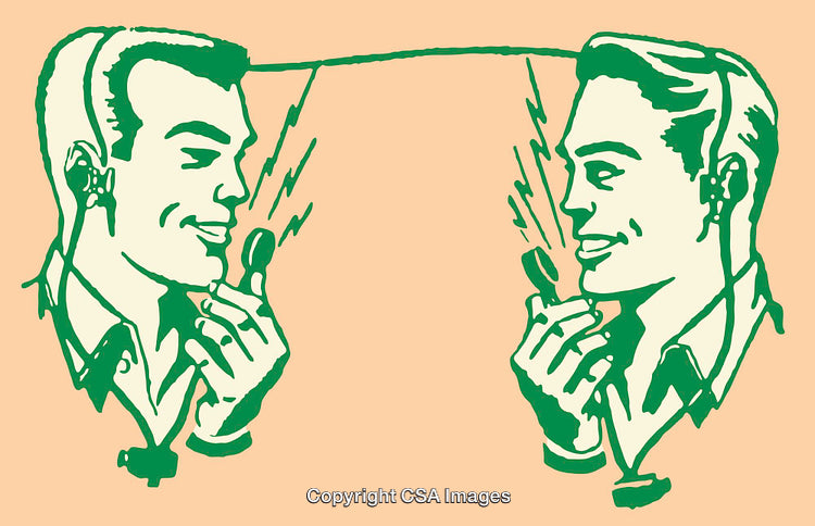 Retro Style Artwork of Two Individuals Communicating With Handheld Microphones