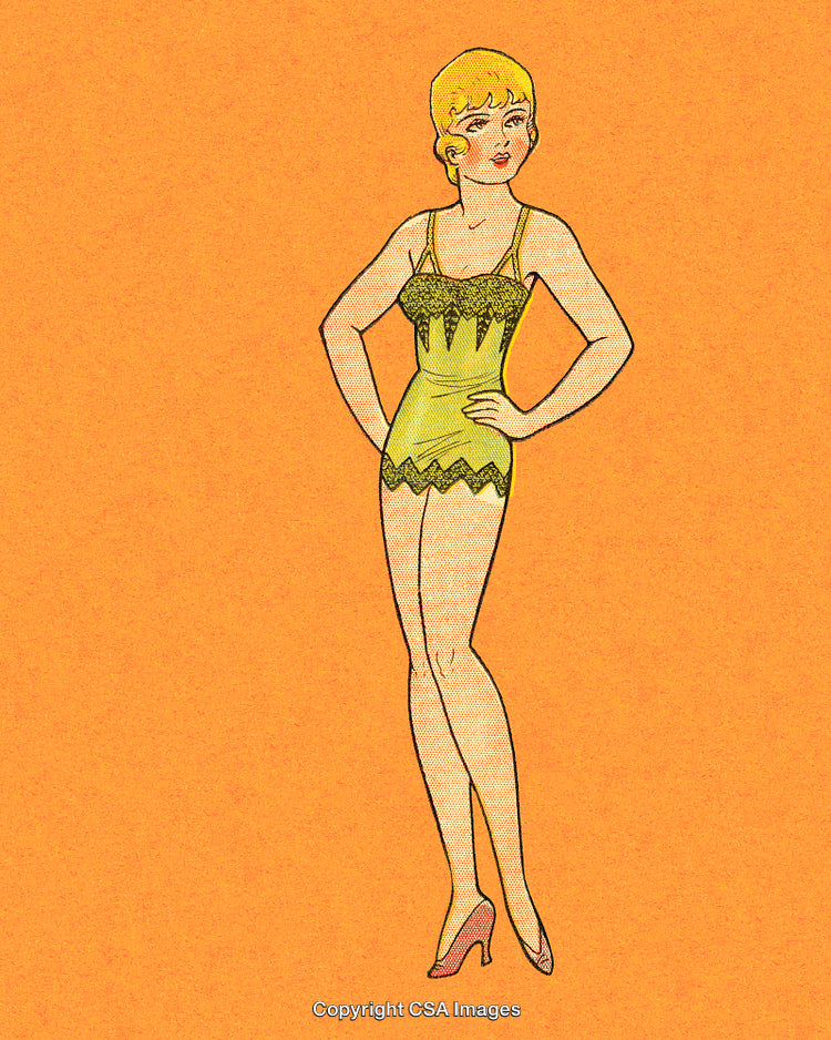 Retro Illustration of a Woman in Stylish Yellow Outfit on Orange Background