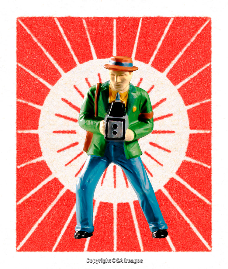 Vintage Toy Photographer Figure with Bold Red Graphic Background