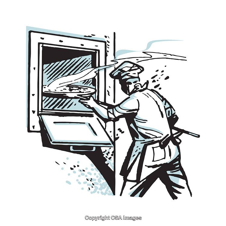 Chef Using Pizza Oven in Monochromatic Artistic Illustration