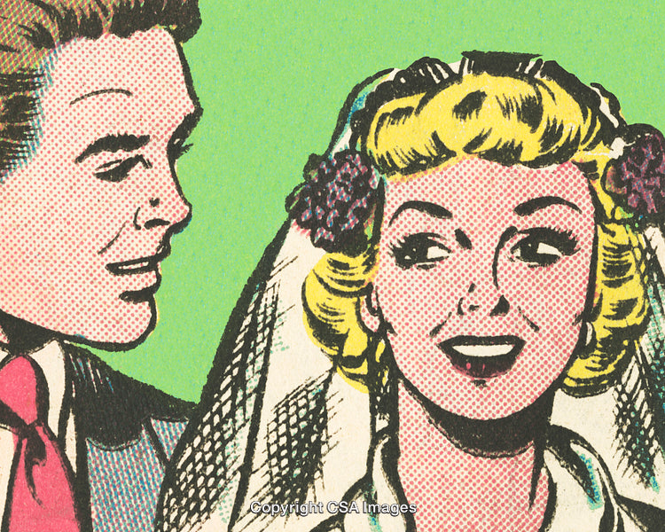 Retro Comic Illustration of a Smiling Bride and Groom