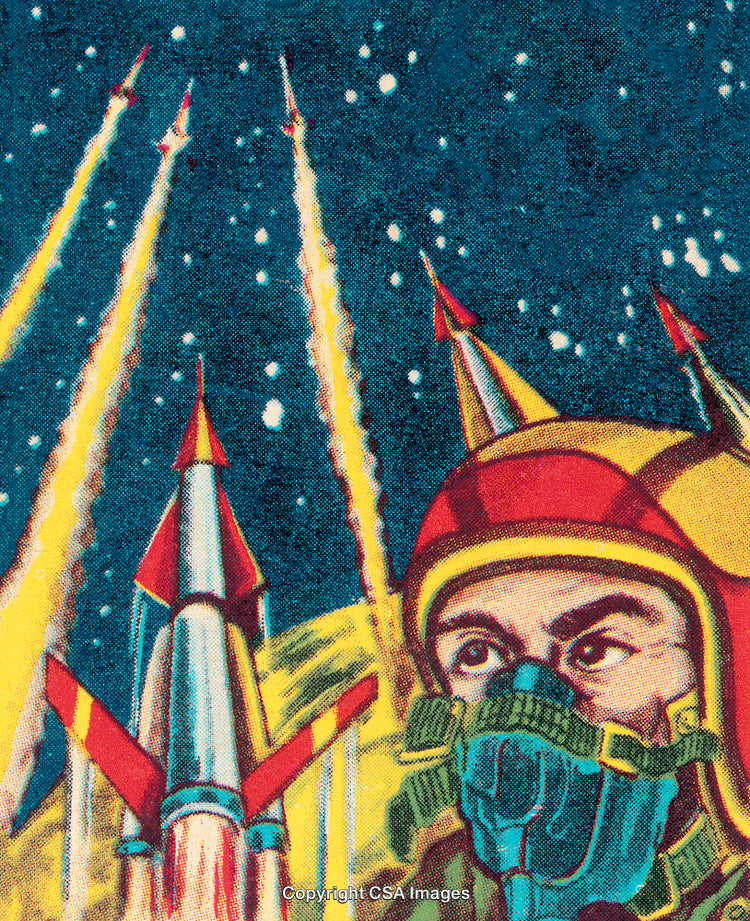 Retro Illustration of a Space Scene with Rockets and Astronaut