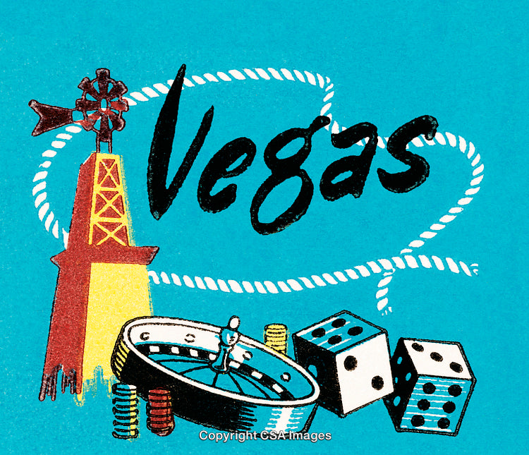 Vintage Vegas-Themed Design Featuring Gambling and Luck Symbols with Bold Colors