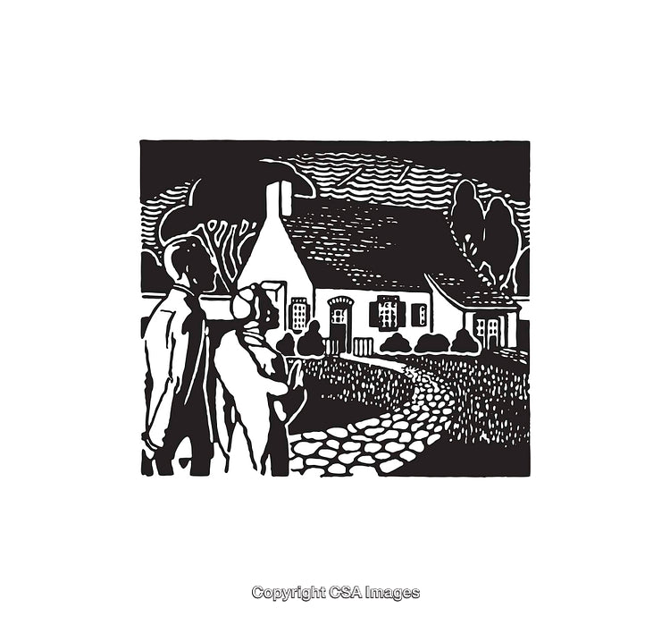 Black And White Illustration of a Family Walking Towards a Quaint House
