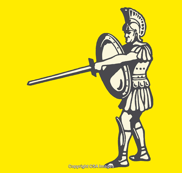 Ancient Warrior with Sword and Shield on Yellow Background