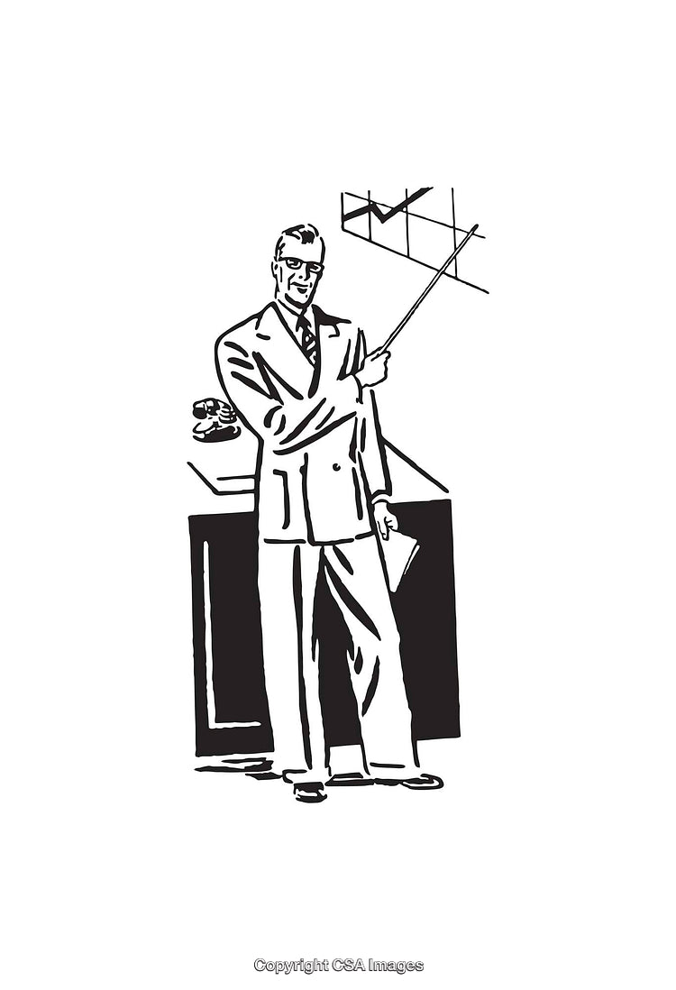 Vintage Styled Line Drawing of a Businessman Giving a Presentation