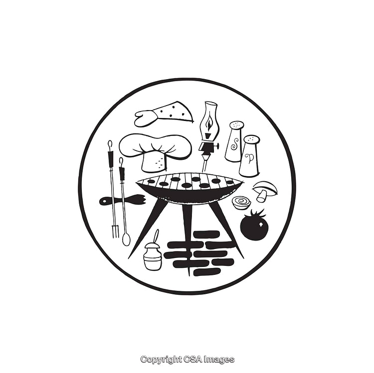 Black and White Line Art of Barbecue with Accessories and Food Items