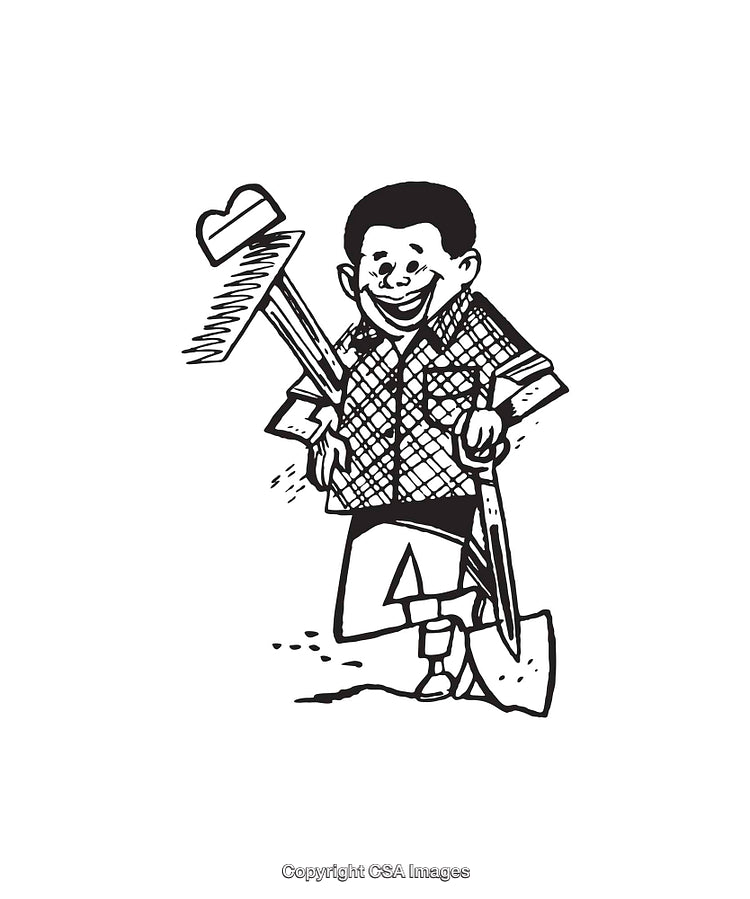 Black and White Line Art of a Happy Farmer with Tools