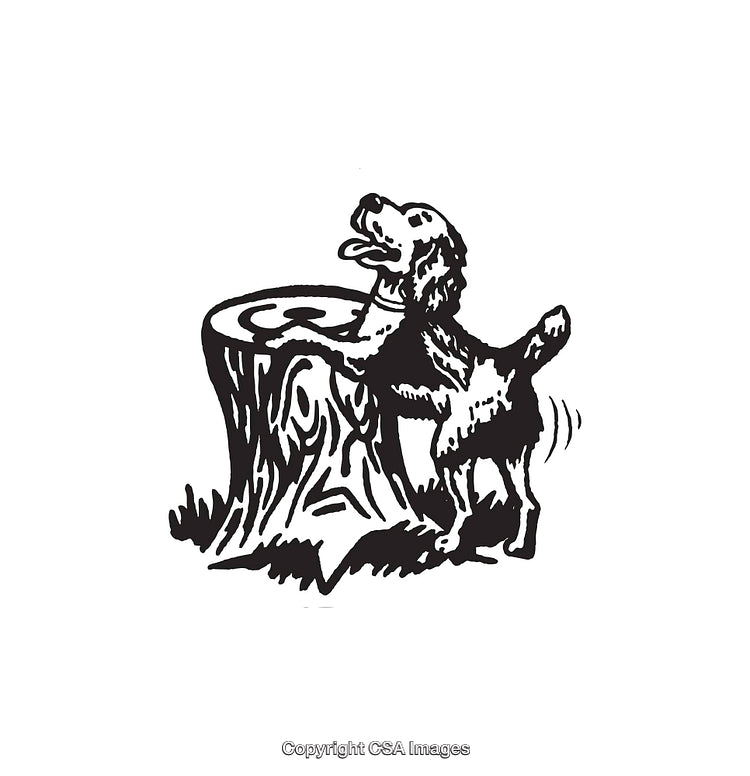 Vintage Line Art Illustration of a Dog Next to a Tree Stump