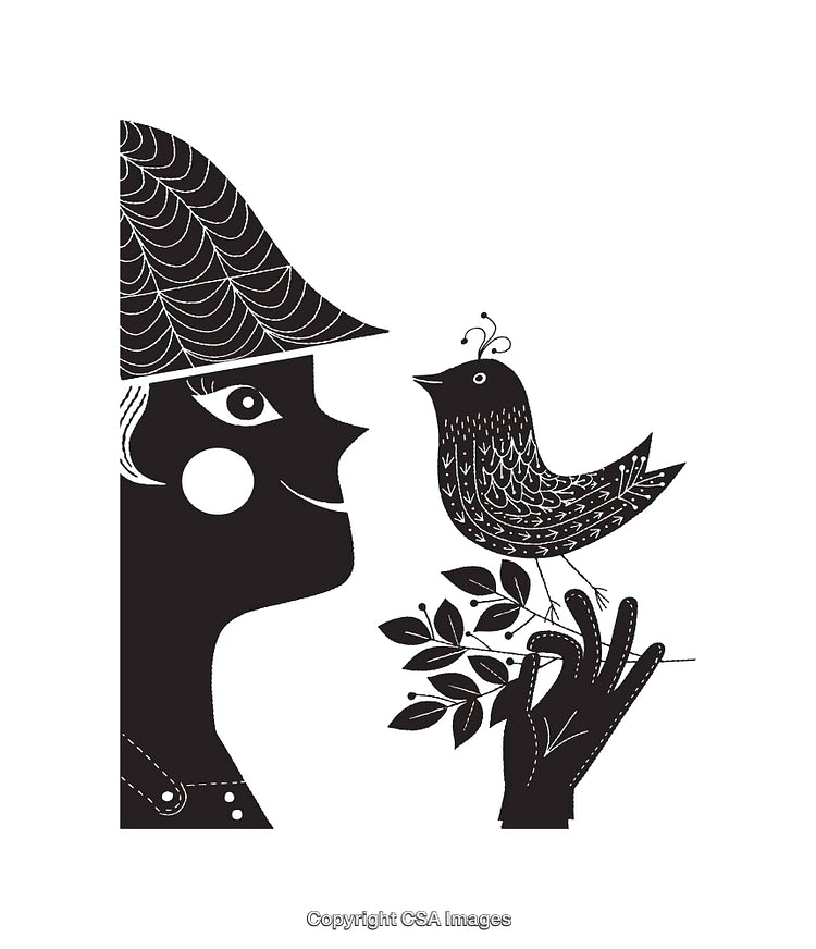 Black And White Line Art Illustration of Woman Holding Bird