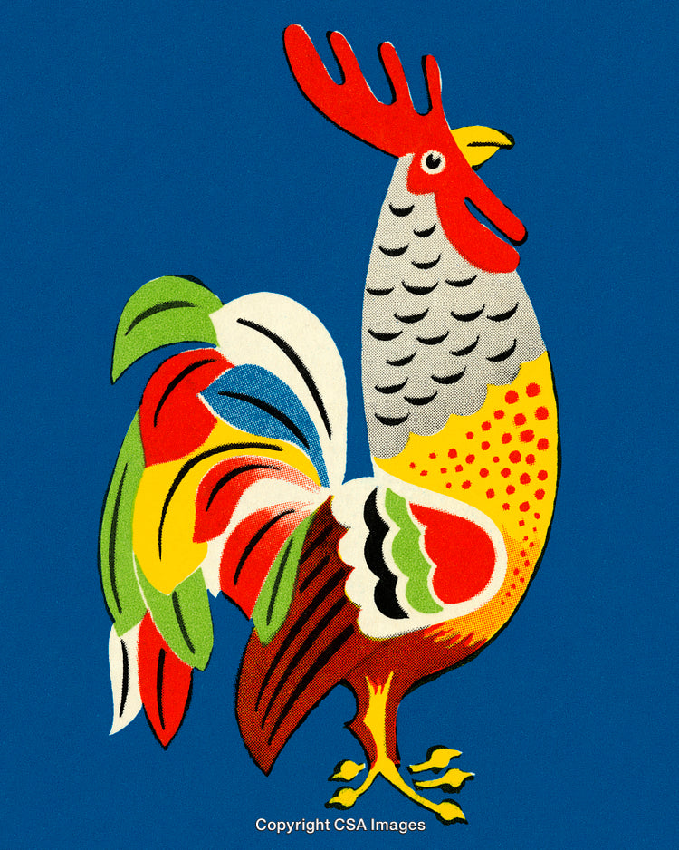 Colorful Rooster Illustration with Vibrant Patterns and Artistic Design on Blue