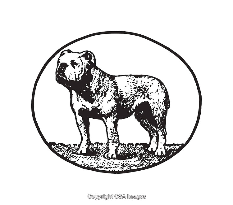 Black and White Line Art Illustration of a Dog in a Circular Emblem
