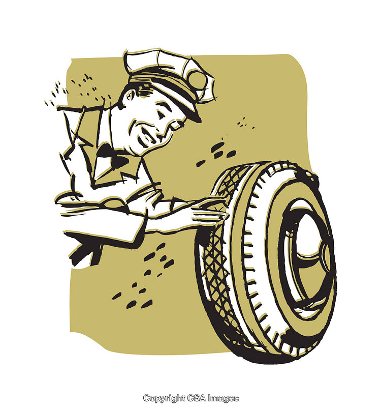 Retro Illustration of Mechanic Inspecting Tire for Safety and Maintenance