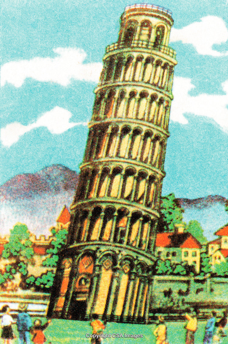 Illustrated Scene of Leaning Tower of Pisa with Visitors and Scenery