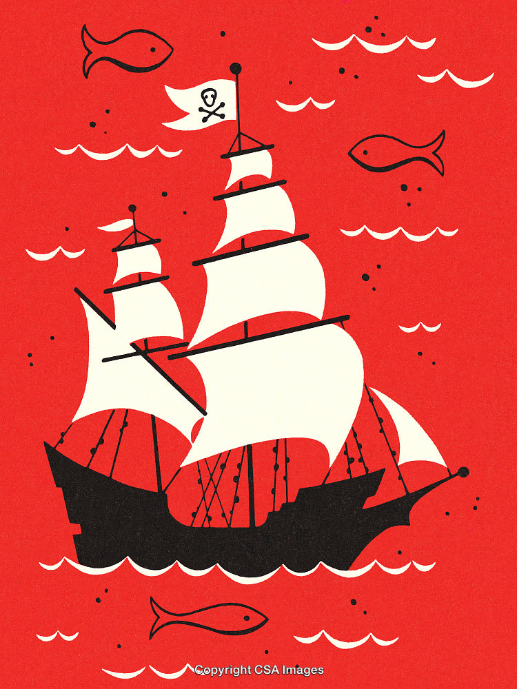 Illustration of a Pirate Ship With a Skull Flag on the High Seas