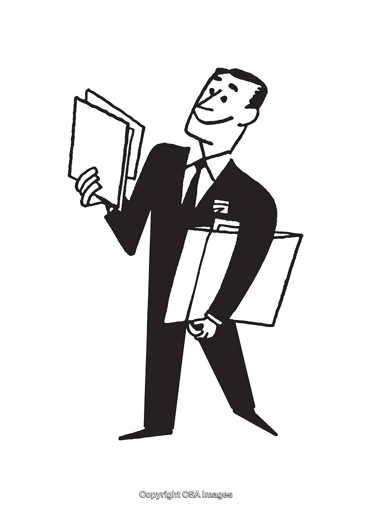 Retro Businessman Cartoon Illustration Holding Folders in a Black and White Style