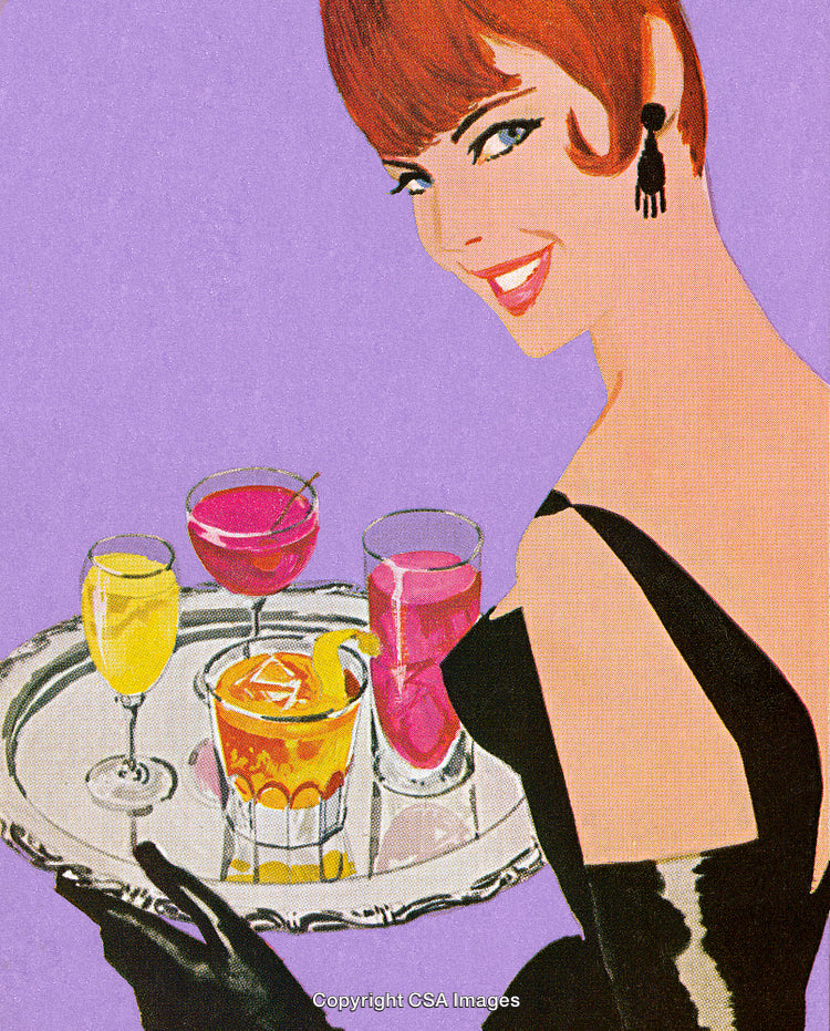 Elegant Woman Serving Colorful Drinks on Tray Illustrating Retro Style