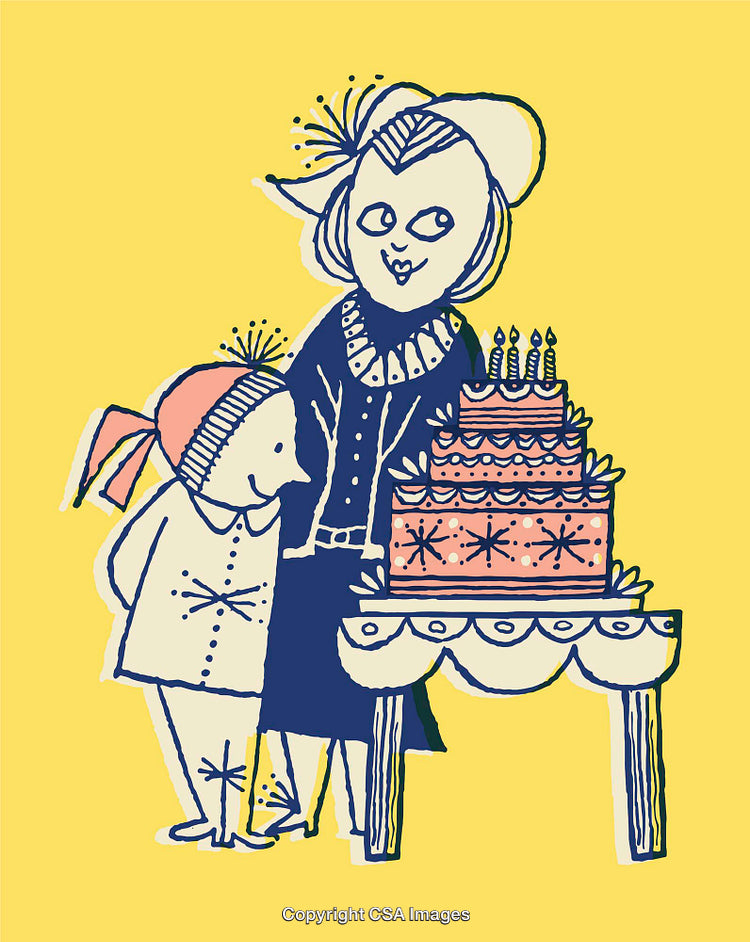 Vintage Style Illustration of Woman and Child Celebrating Birthday With Decorated Cake