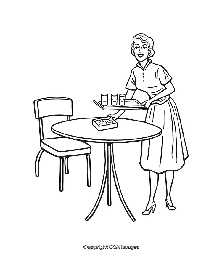 Retro Line Art of Woman Serving Drinks at a Table