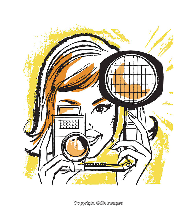 Retro Illustration Featuring Woman With Camera and Magnifying Glass