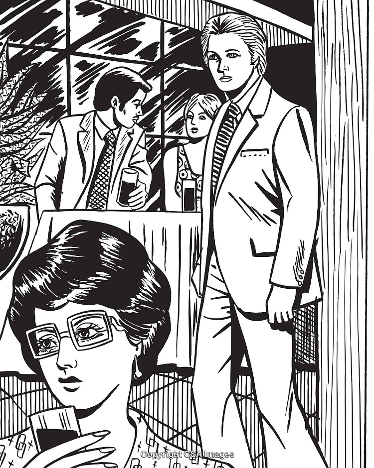 Black and White Illustration of a Social Gathering With Elegant Attire
