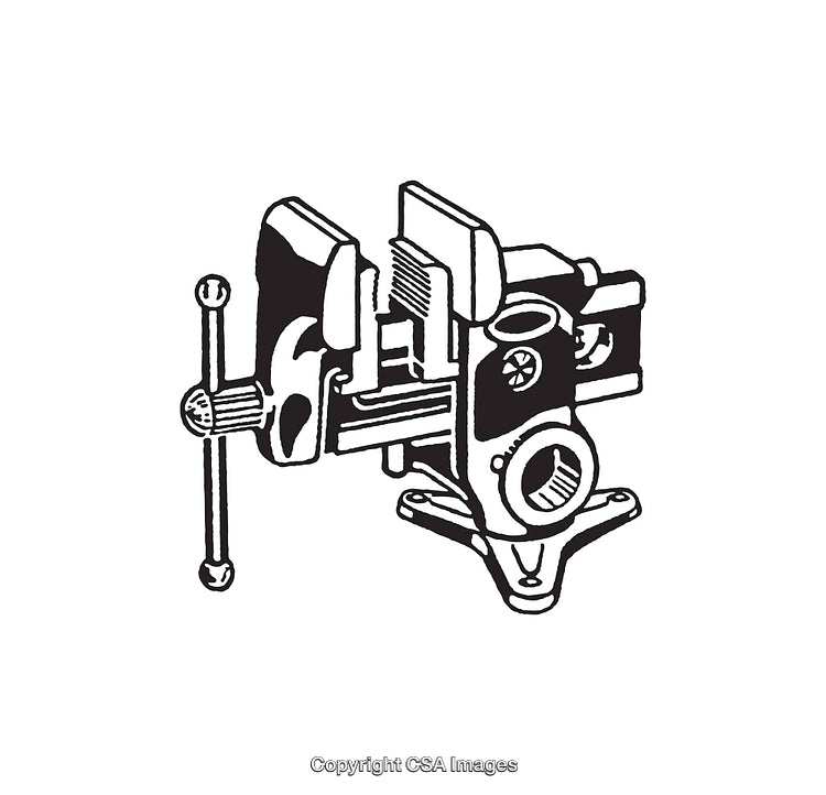 Detailed Black and White Line Illustration of a Mounted Mechanical Vise Tool