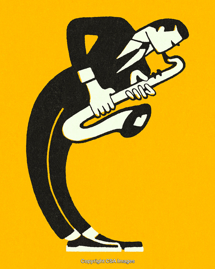 Stylized Illustration of a Saxophone Player on a Bold Yellow Background