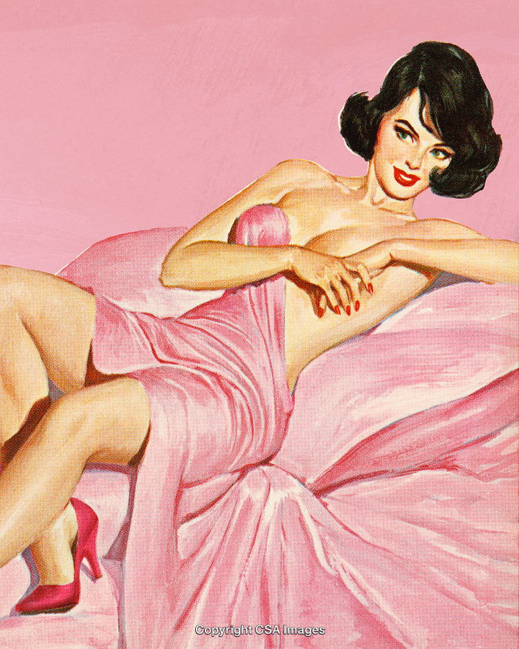 Elegant Woman in Vintage Style Reclining on Pink Background in Artistic Pose