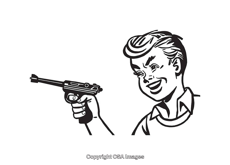 Retro Illustration of Boy Smiling and Holding a Toy Gun in Black and White