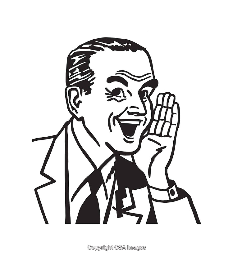 Black and White Retro Style Man Whispering Illustration