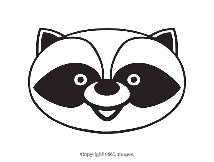 Black and White Line Drawing of a Smiling Cartoon Raccoon Face