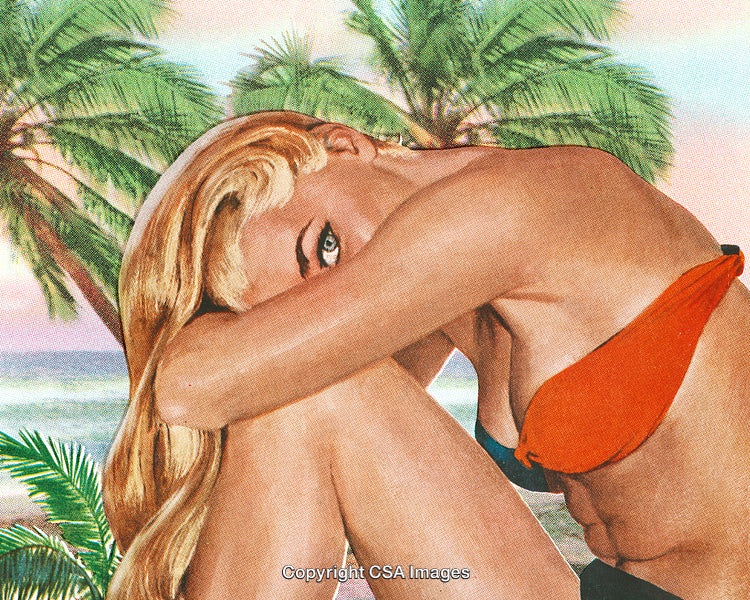 Vintage Beach Art of a Stylish Woman in a Red Bikini by Palm Trees