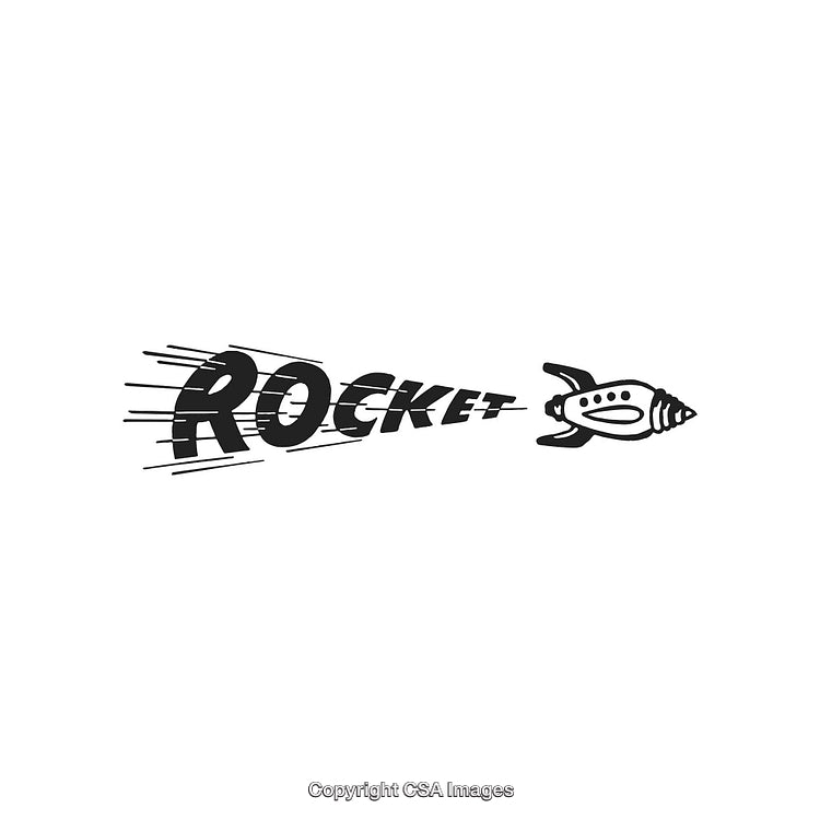 Stylized Rocket Illustration with Text Depicting Speed and Motion