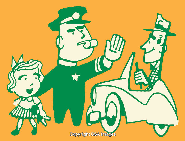 Vintage Illustration of Police Officer Stopping Driver with Child Observer